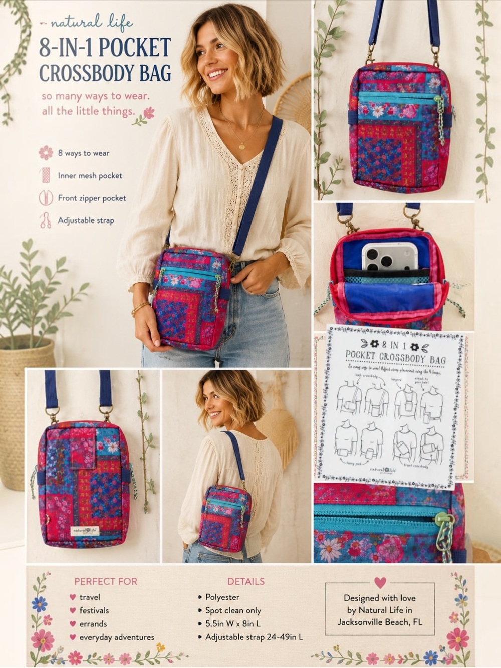 NWT NATURAL LIFE Pink & Blue Floral Patchwork Crossbody Bag